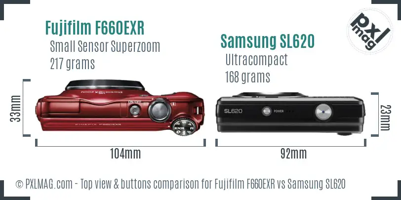 Fujifilm F660EXR vs Samsung SL620 top view buttons comparison