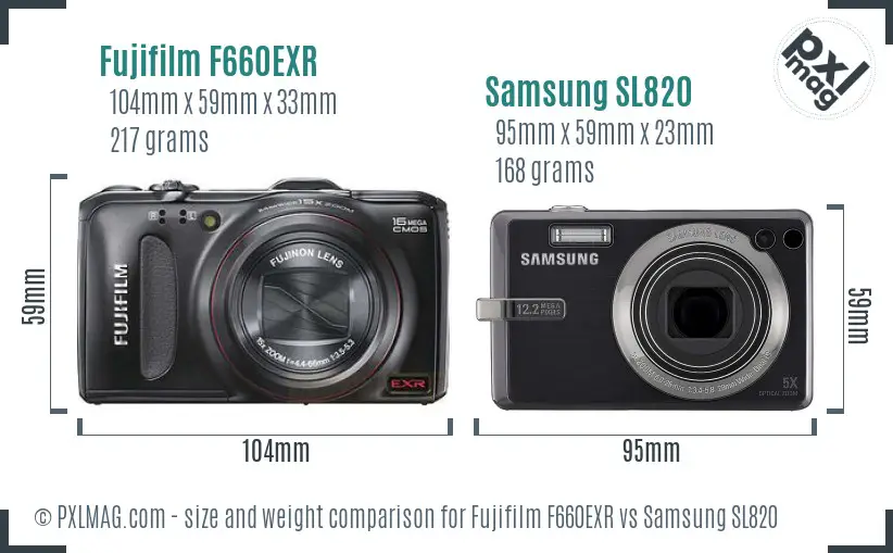 Fujifilm F660EXR vs Samsung SL820 size comparison