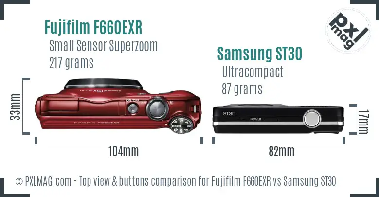 Fujifilm F660EXR vs Samsung ST30 top view buttons comparison Fujifilm F660EXR vs Samsung ST30 top view buttons comparison