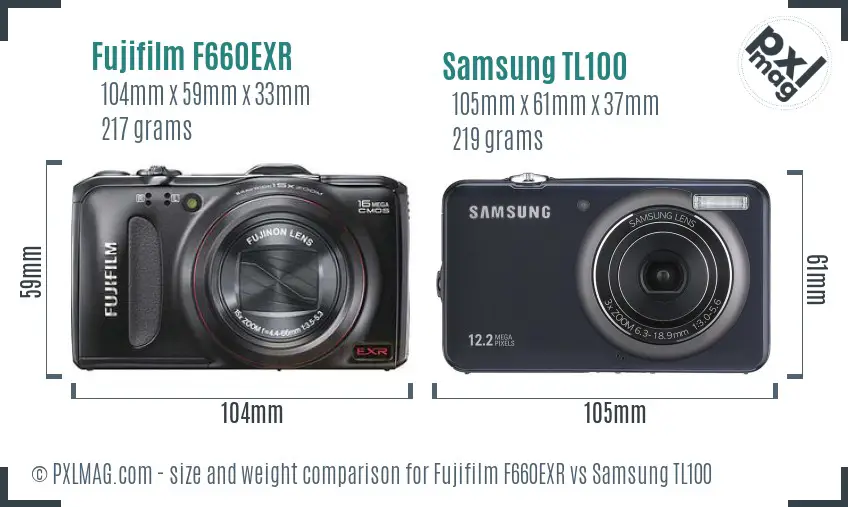 Fujifilm F660EXR vs Samsung TL100 size comparison