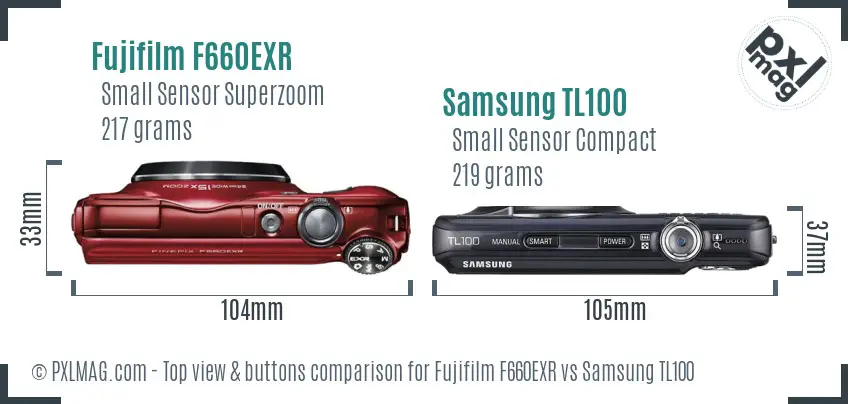 Fujifilm F660EXR vs Samsung TL100 top view buttons comparison