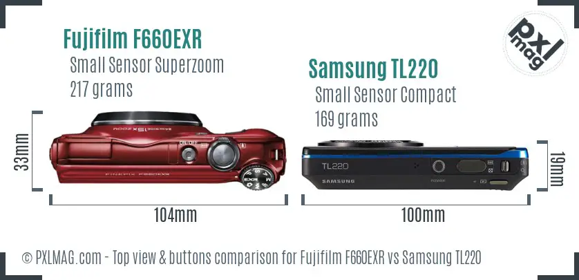 Fujifilm F660EXR vs Samsung TL220 top view buttons comparison Fujifilm F660EXR vs Samsung TL220 top view buttons comparison