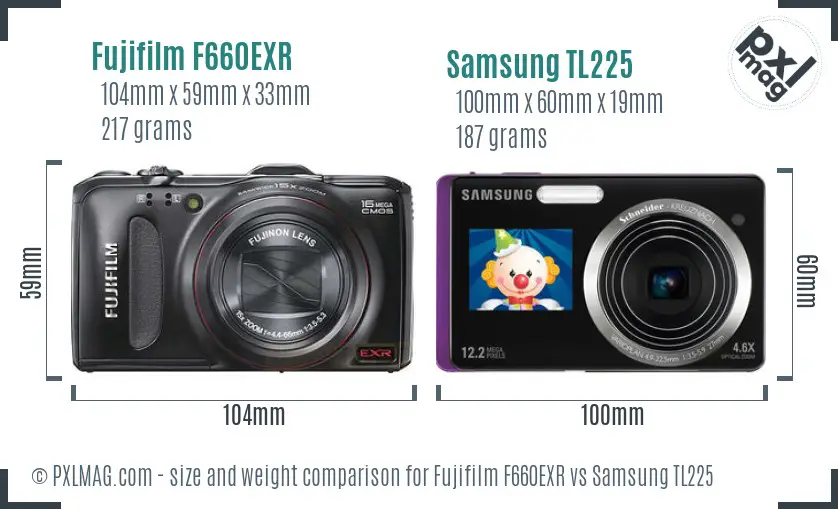 Fujifilm F660EXR vs Samsung TL225 size comparison