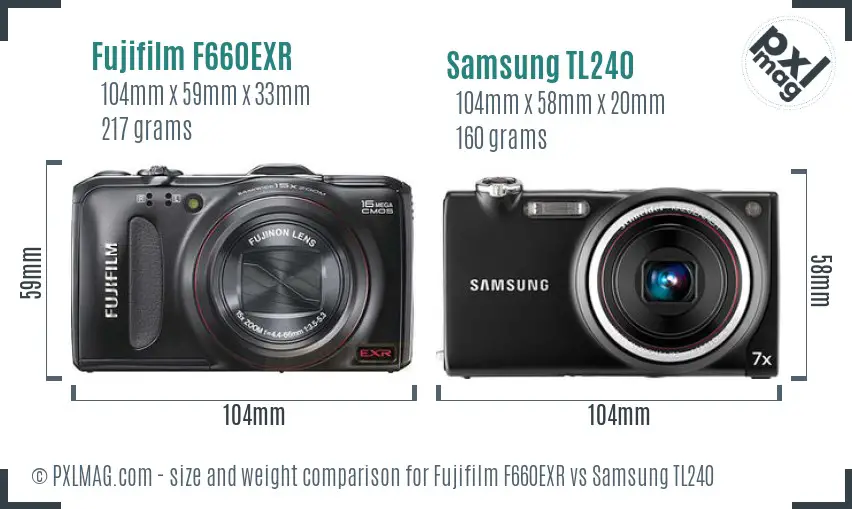 Fujifilm F660EXR vs Samsung TL240 size comparison