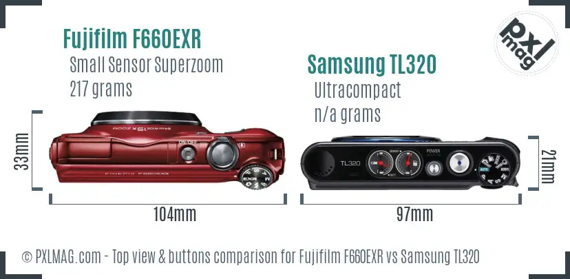 Fujifilm F660EXR vs Samsung TL320 top view buttons comparison