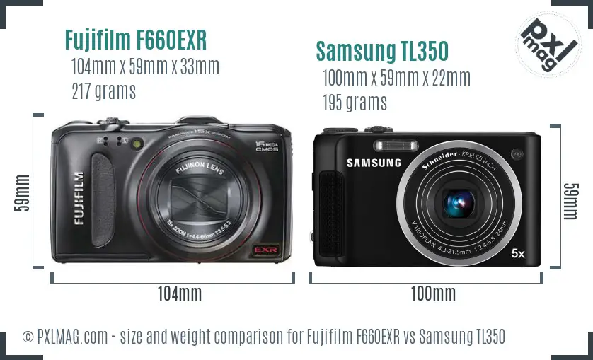 Fujifilm F660EXR vs Samsung TL350 size comparison