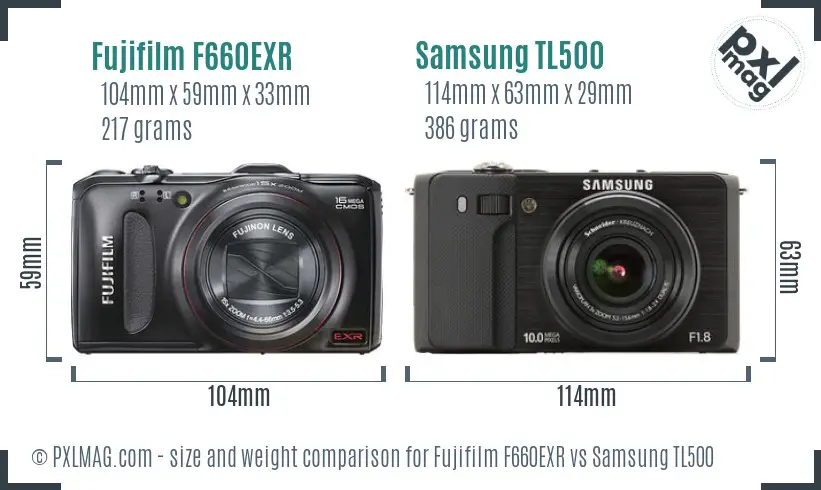Fujifilm F660EXR vs Samsung TL500 size comparison