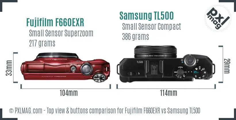 Fujifilm F660EXR vs Samsung TL500 top view buttons comparison
