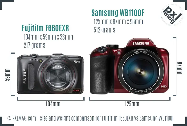 Fujifilm F660EXR vs Samsung WB1100F size comparison