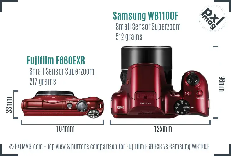 Fujifilm F660EXR vs Samsung WB1100F top view buttons comparison