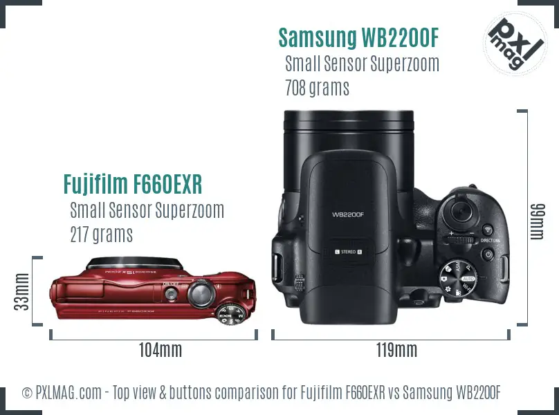 Fujifilm F660EXR vs Samsung WB2200F top view buttons comparison