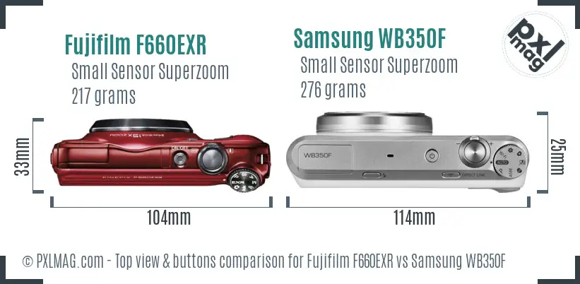 Fujifilm F660EXR vs Samsung WB350F top view buttons comparison Fujifilm F660EXR vs Samsung WB350F top view buttons comparison