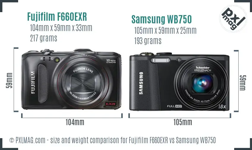 Fujifilm F660EXR vs Samsung WB750 size comparison