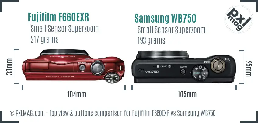 Fujifilm F660EXR vs Samsung WB750 top view buttons comparison