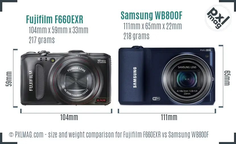 Fujifilm F660EXR vs Samsung WB800F size comparison