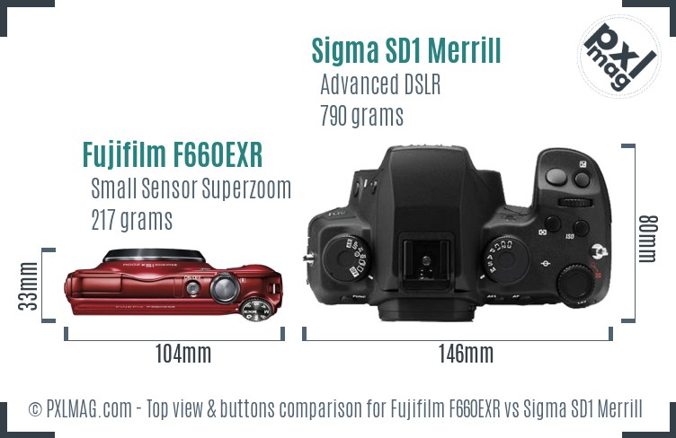 Fujifilm F660EXR vs Sigma SD1 Merrill top view buttons comparison