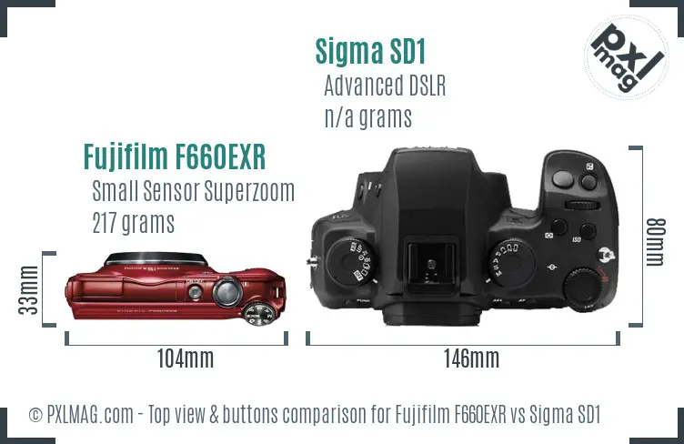 Fujifilm F660EXR vs Sigma SD1 top view buttons comparison