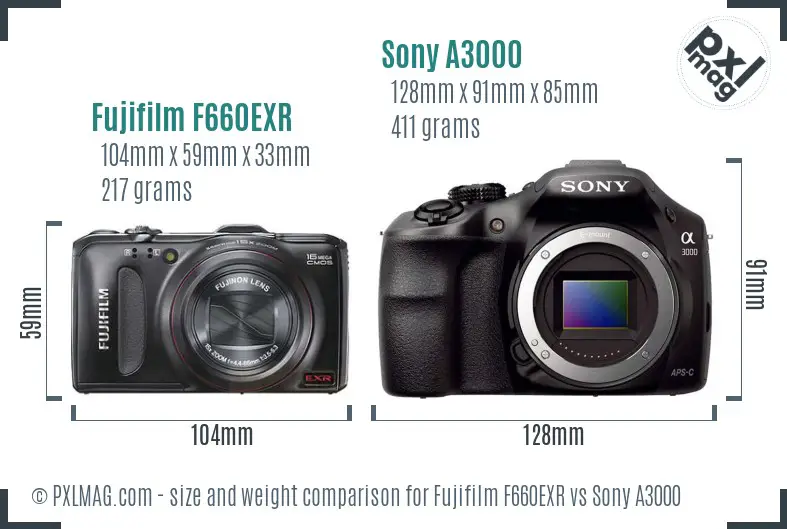 Fujifilm F660EXR vs Sony A3000 size comparison