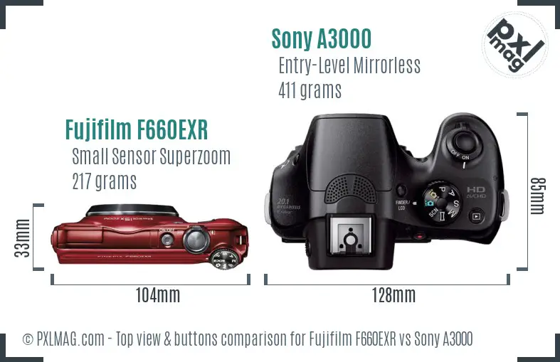 Fujifilm F660EXR vs Sony A3000 top view buttons comparison