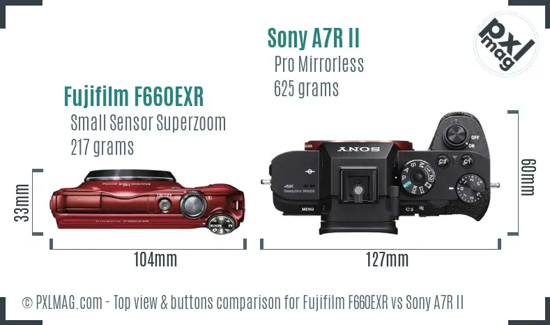 Fujifilm F660EXR vs Sony A7R II top view buttons comparison