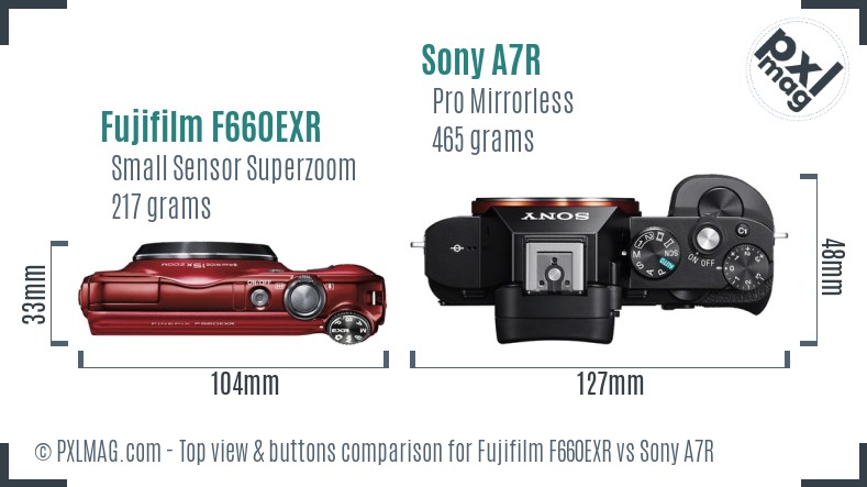 Fujifilm F660EXR vs Sony A7R top view buttons comparison