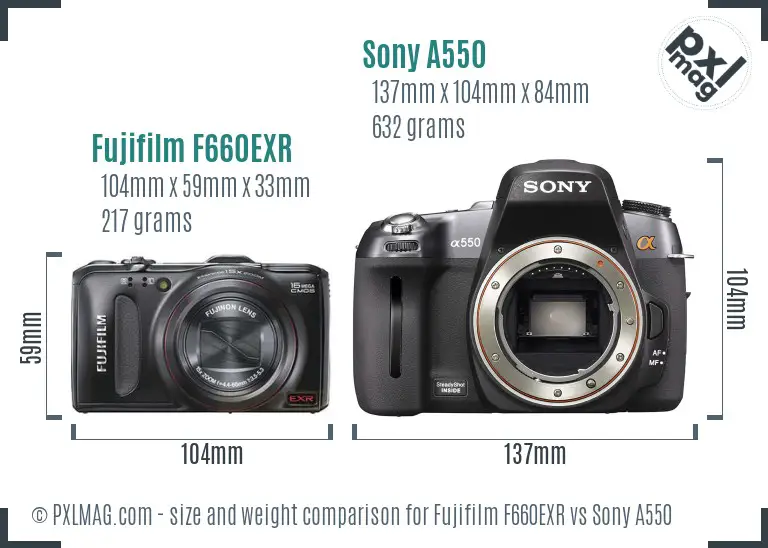 Fujifilm F660EXR vs Sony A550 size comparison