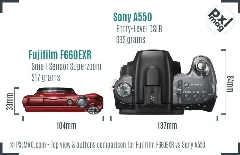 Fujifilm F660EXR vs Sony A550 top view buttons comparison