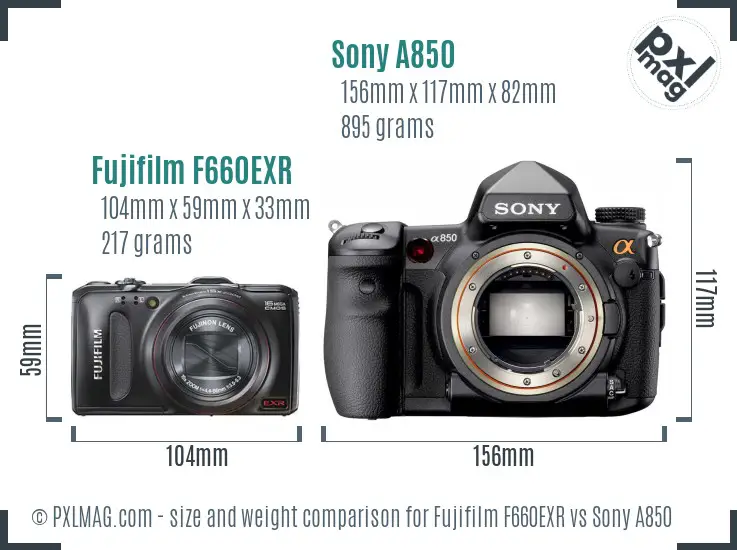 Fujifilm F660EXR vs Sony A850 size comparison