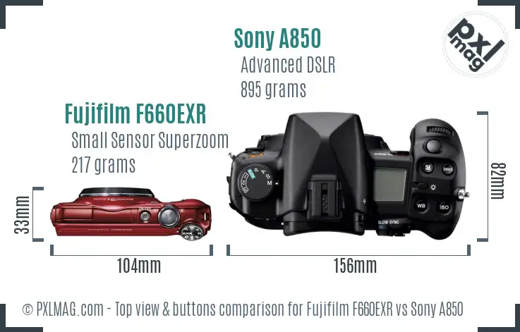 Fujifilm F660EXR vs Sony A850 top view buttons comparison