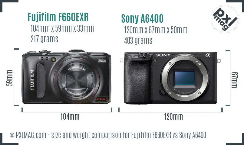 Fujifilm F660EXR vs Sony A6400 size comparison