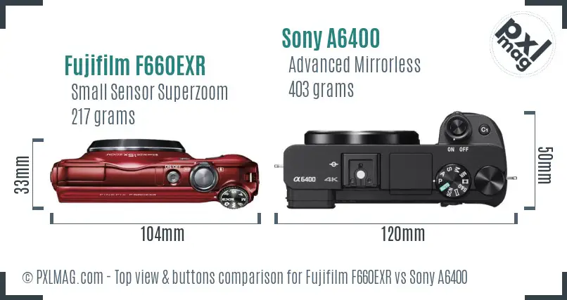 Fujifilm F660EXR vs Sony A6400 top view buttons comparison