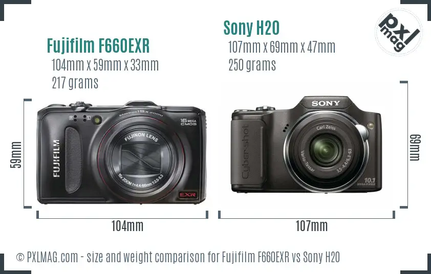 Fujifilm F660EXR vs Sony H20 size comparison
