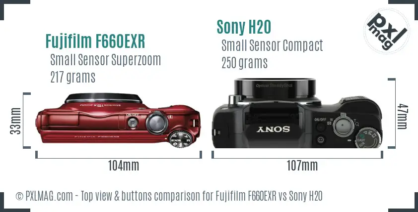 Fujifilm F660EXR vs Sony H20 top view buttons comparison