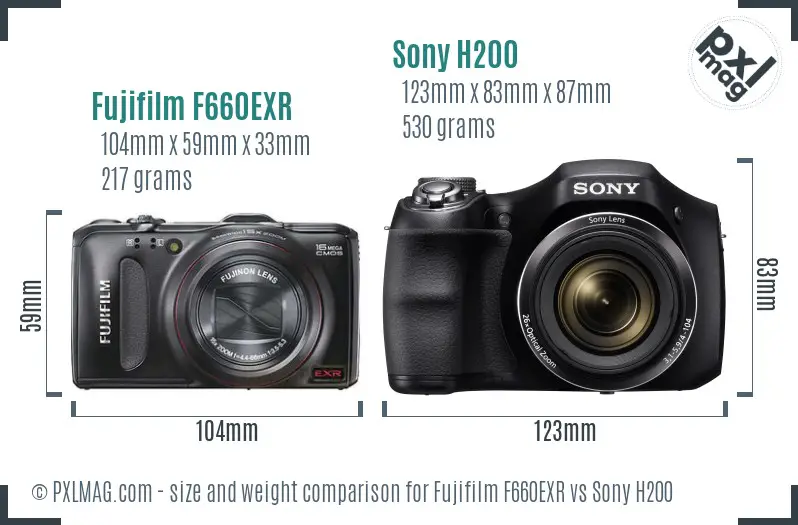 Fujifilm F660EXR vs Sony H200 size comparison