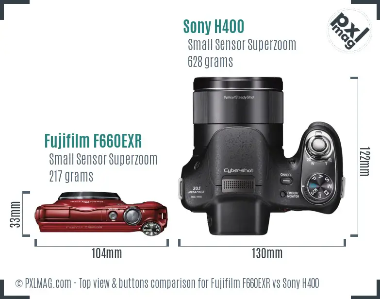 Fujifilm F660EXR vs Sony H400 top view buttons comparison Fujifilm F660EXR vs Sony H400 top view buttons comparison
