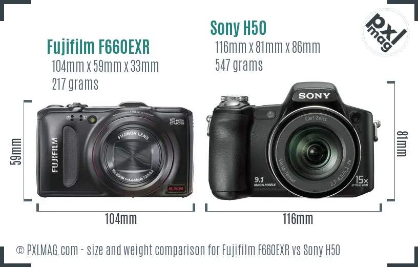 Fujifilm F660EXR vs Sony H50 size comparison