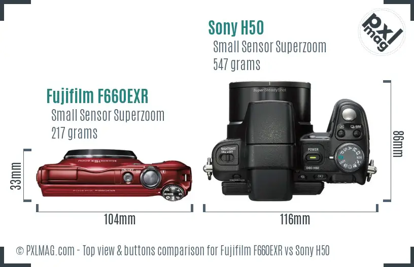 Fujifilm F660EXR vs Sony H50 top view buttons comparison