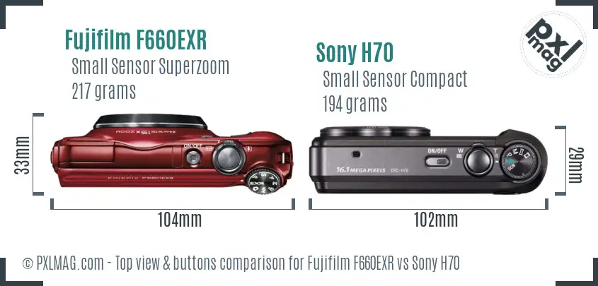 Fujifilm F660EXR vs Sony H70 top view buttons comparison Fujifilm F660EXR vs Sony H70 top view buttons comparison