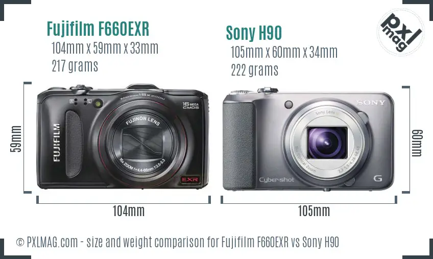 Fujifilm F660EXR vs Sony H90 size comparison Fujifilm F660EXR vs Sony H90 size comparison