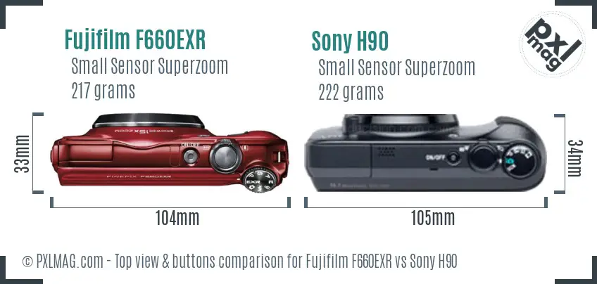 Fujifilm F660EXR vs Sony H90 top view buttons comparison Fujifilm F660EXR vs Sony H90 top view buttons comparison