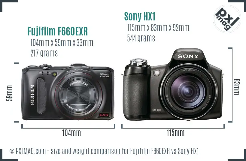 Fujifilm F660EXR vs Sony HX1 size comparison