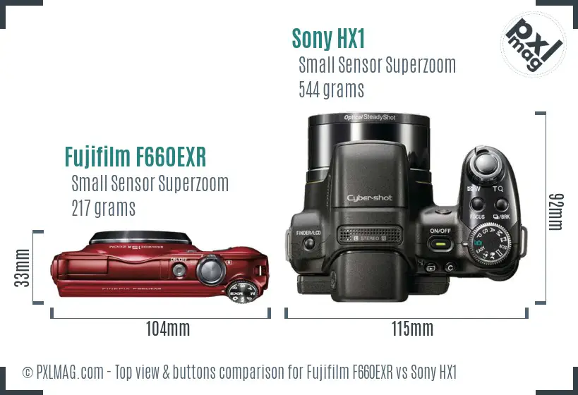 Fujifilm F660EXR vs Sony HX1 top view buttons comparison