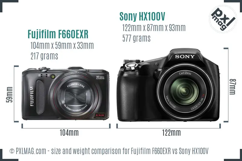 Fujifilm F660EXR vs Sony HX100V size comparison Fujifilm F660EXR vs Sony HX100V size comparison