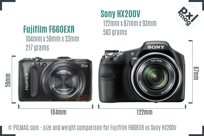 Fujifilm F660EXR vs Sony HX200V size comparison