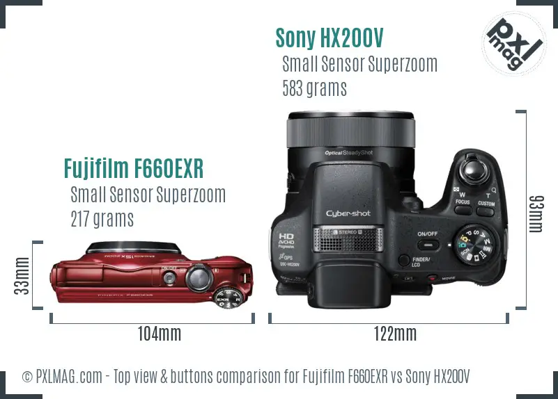 Fujifilm F660EXR vs Sony HX200V top view buttons comparison