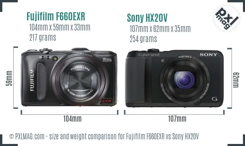 Fujifilm F660EXR vs Sony HX20V size comparison