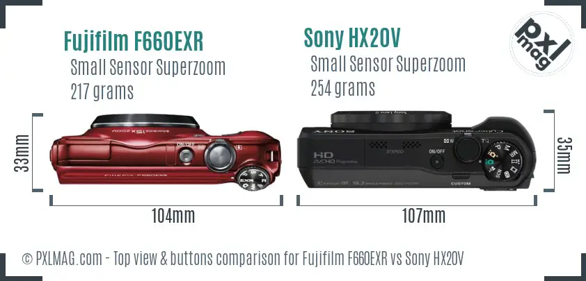 Fujifilm F660EXR vs Sony HX20V top view buttons comparison