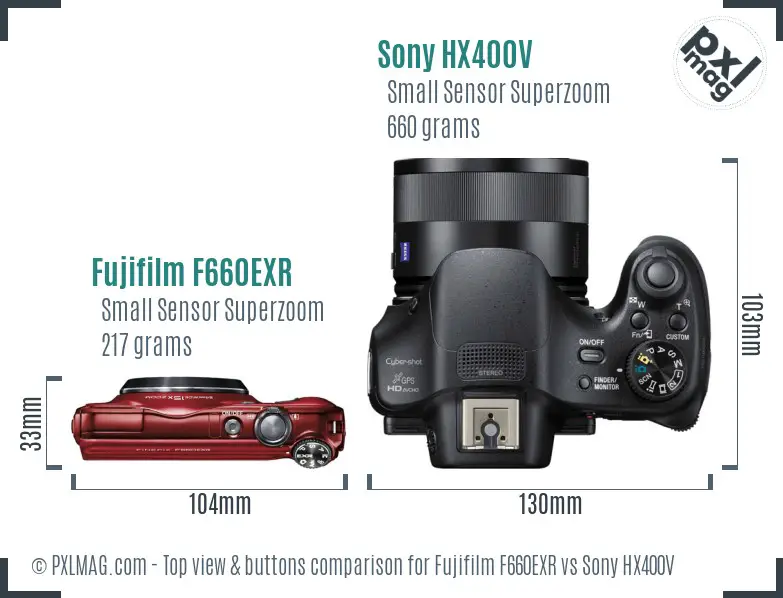 Fujifilm F660EXR vs Sony HX400V top view buttons comparison