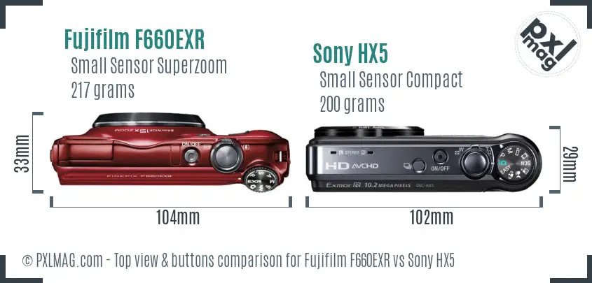 Fujifilm F660EXR vs Sony HX5 top view buttons comparison