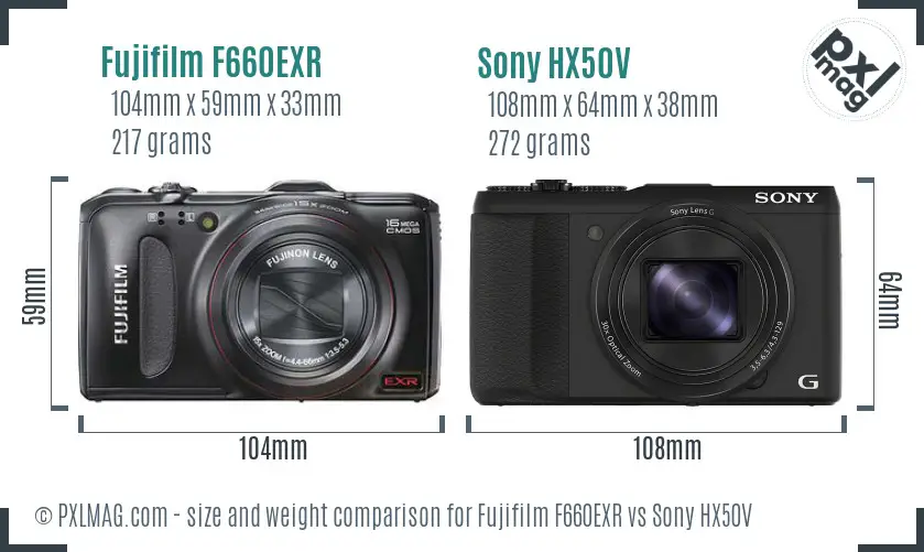 Fujifilm F660EXR vs Sony HX50V size comparison